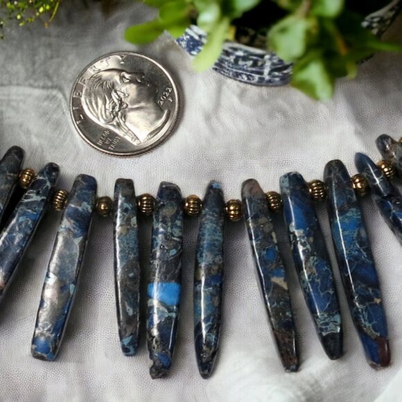 NEW Handmade Blue Jasper Gemstone Spike Statement Necklace. - Picture 6 of 8